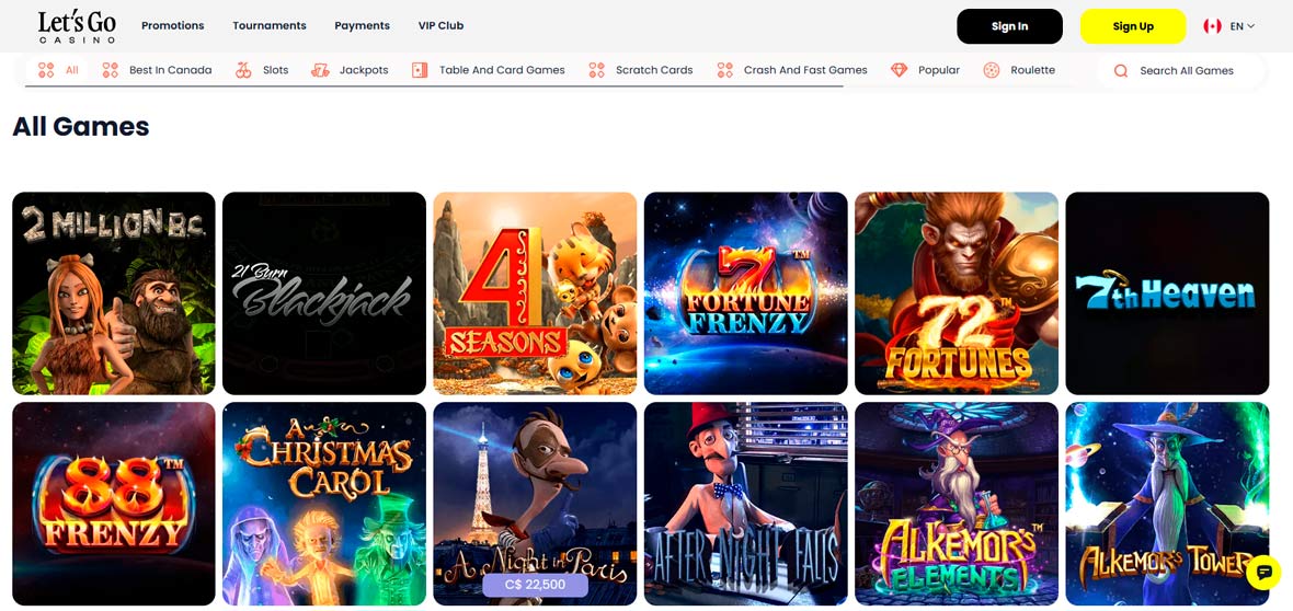 Let’s Go Casino game lobby with multiple slots