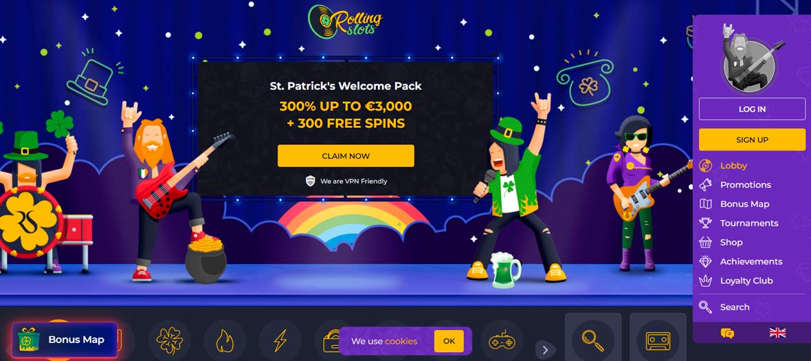Rolling Slots St. Patrick's Day 300% casino welcome bonus