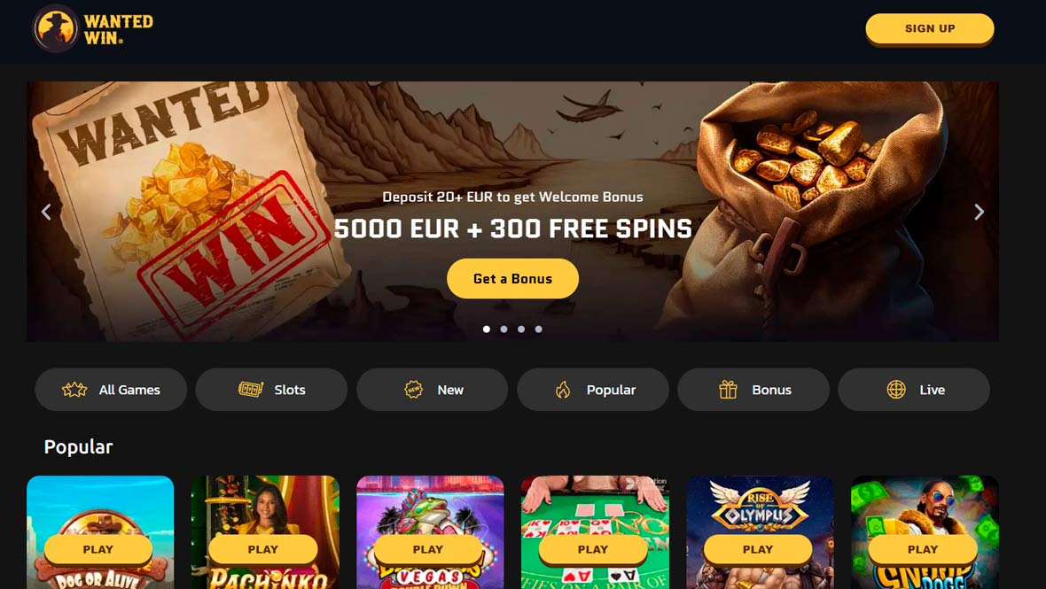 Wanted Win Casino lobby