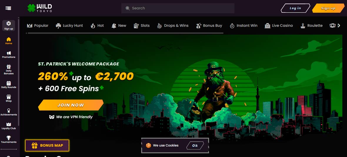 d'accueil du casino Wild Tokyo avec bannière de bonus de bienvenue