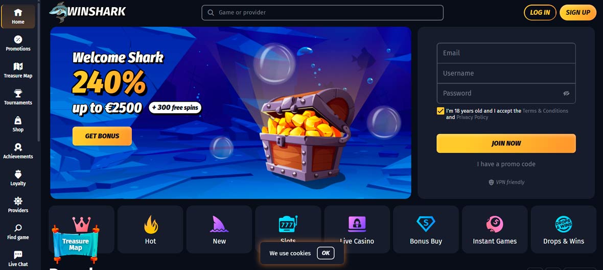 Accueil du casino Winshark avec offre de bienvenue et bouton bonus